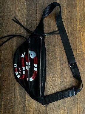 Not Rational CUSTOM Black Leather Crossbody Bag with Red & White Snake Motif